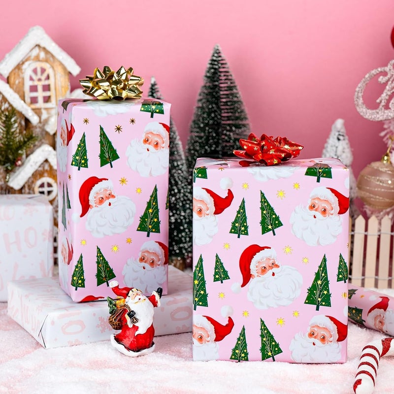 Yarcony Pink Christmas Wrapping Paper Roll, Girly Santa Wrapping Paper, Vintage Inspired Santa Claus, Christmas Tree Design Pink Gift Wrap for Winter Holiday, Girl Celebration (17 Inch X 33 Feet) - Image 2